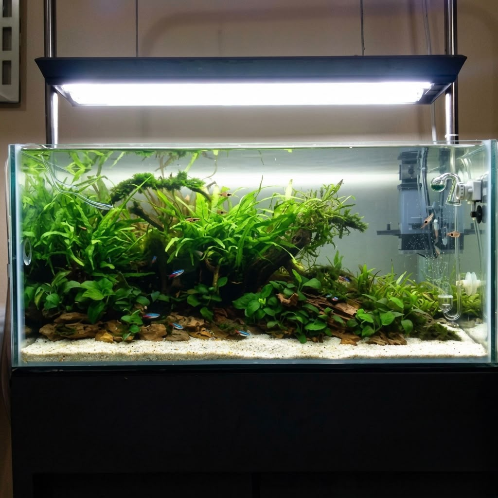 Planted aquarium with aquatic plants, driftwood and fish