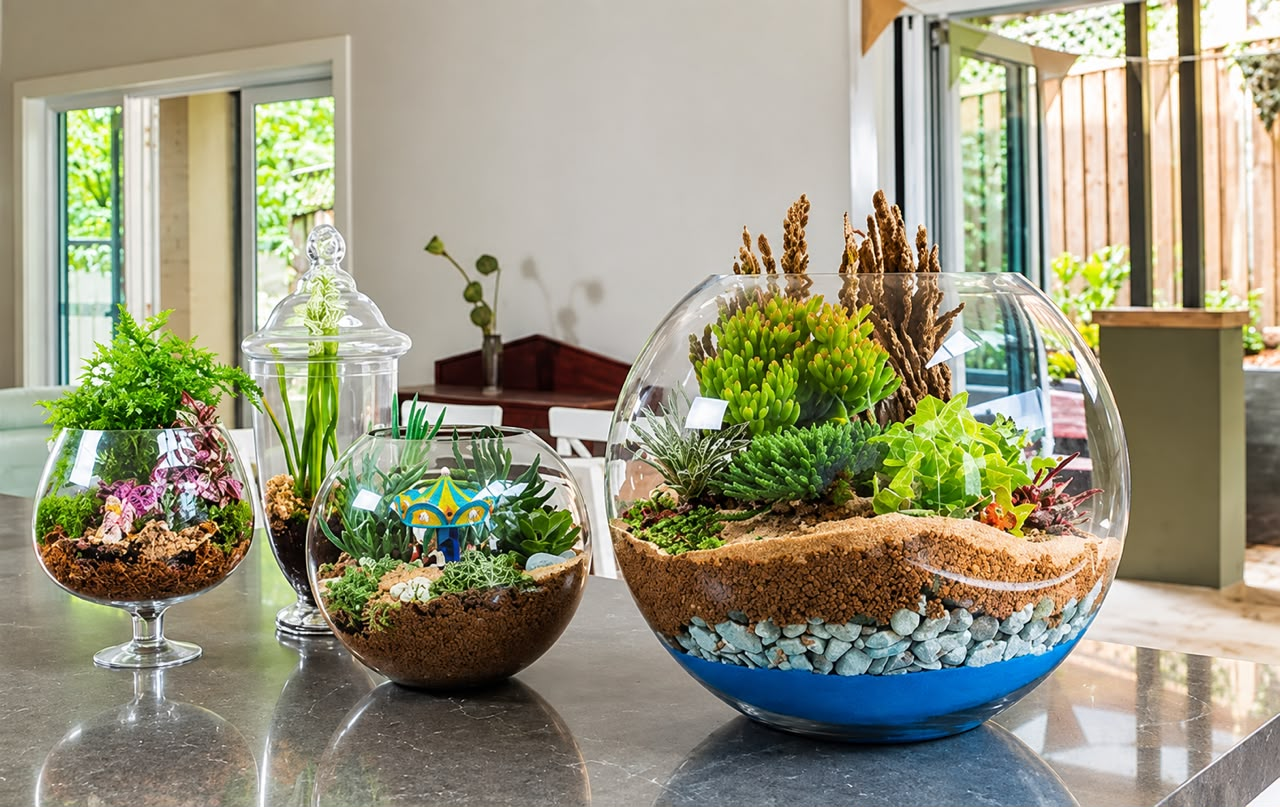 Collection of planted glass terrariums and paludariums