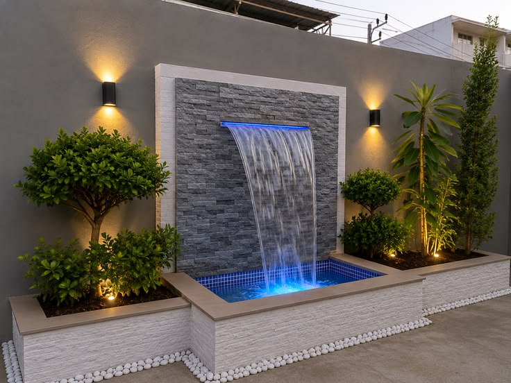 Illuminated stone fountain in a landscaped courtyard