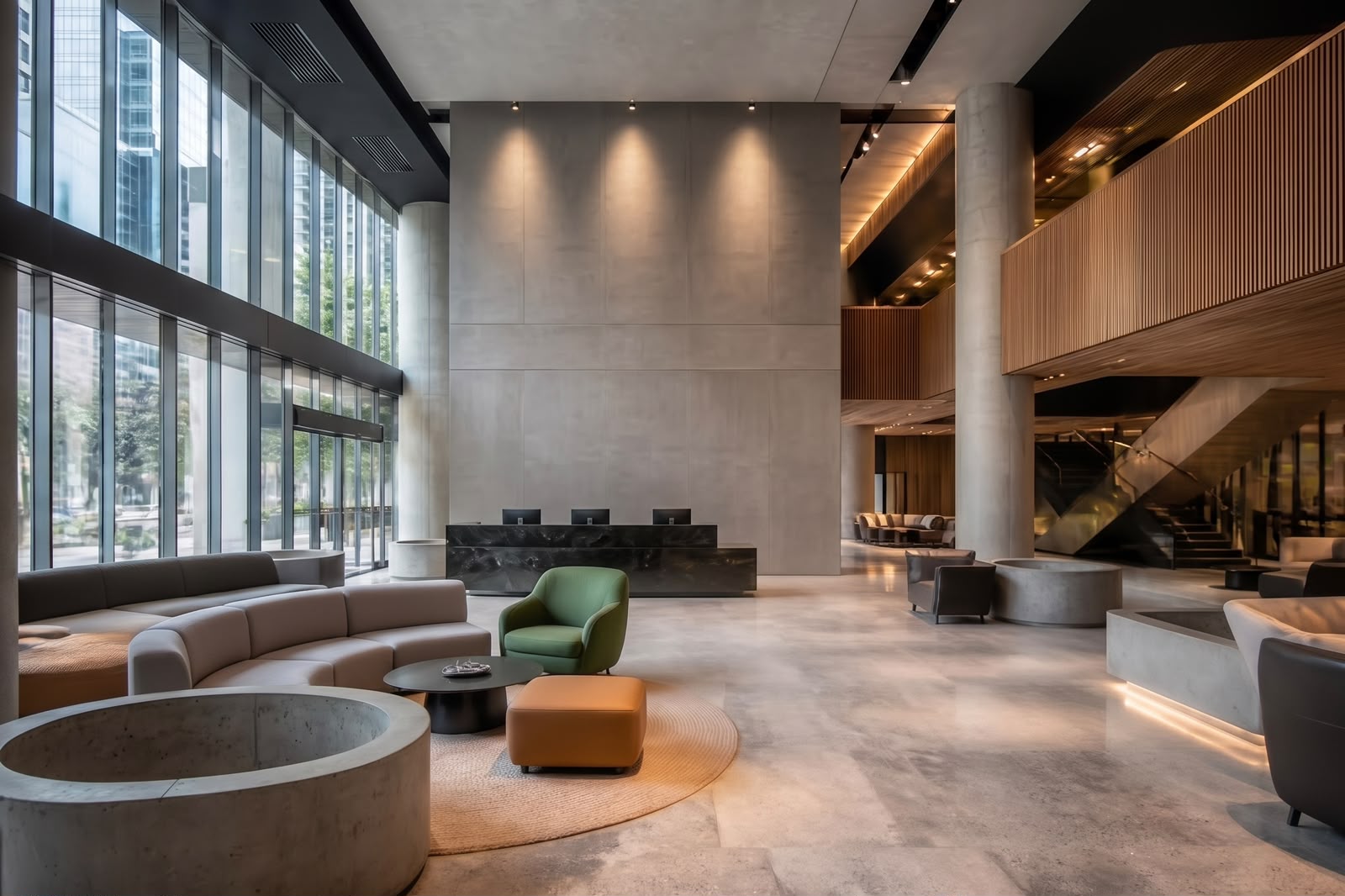 Bare commercial lobby before any plantscaping — empty planters, no greenery